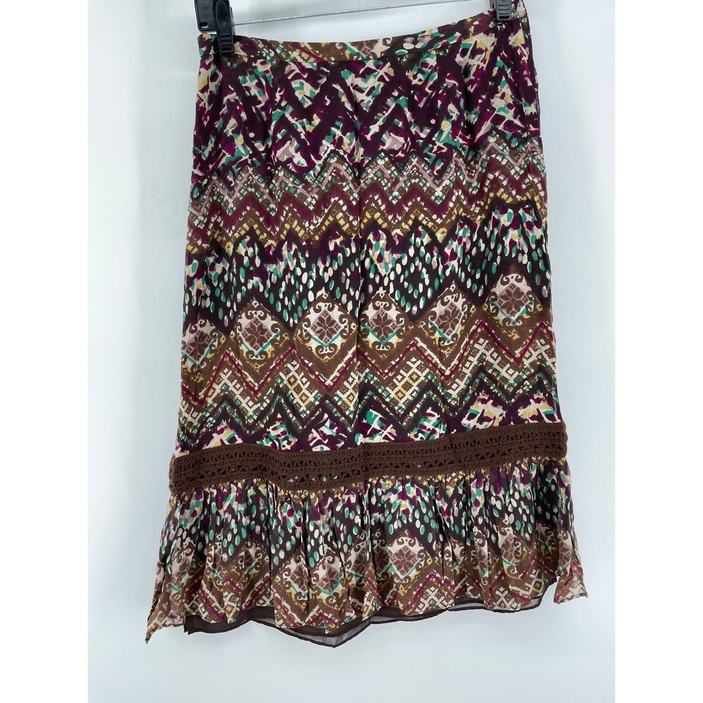 Harold's Silk Tiered Midi Skirt Women 2 Brown Western Boho Artsy Crochet Trim - Picture 5 of 7